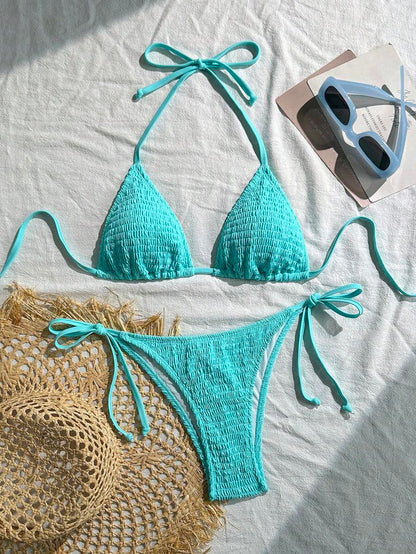 Swim Basics Women's Solid Color Halter Neck Sexy Bikini Set Bathing Suit For Summer Beach