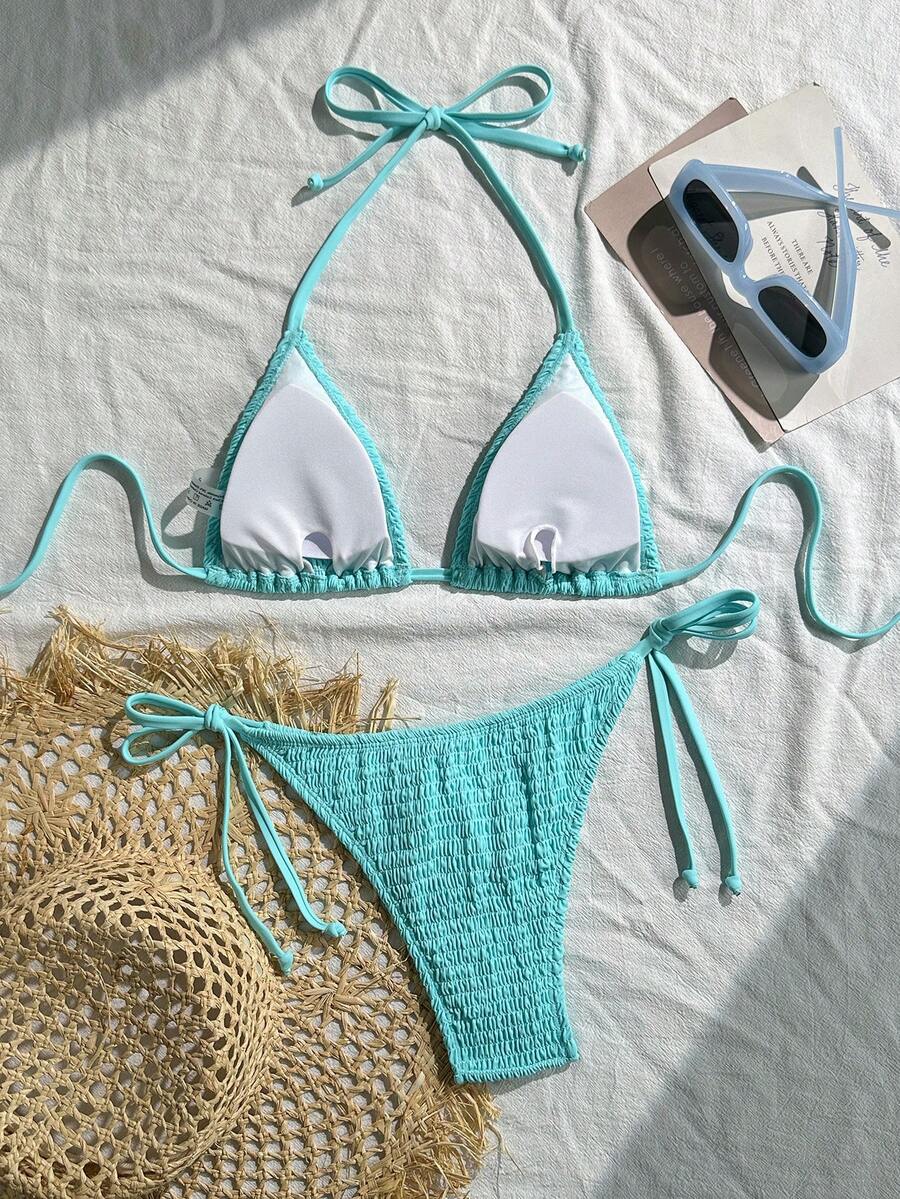 Swim Vcay Solid Color Texture Split Bikini Set, Vacation Beach For Summer