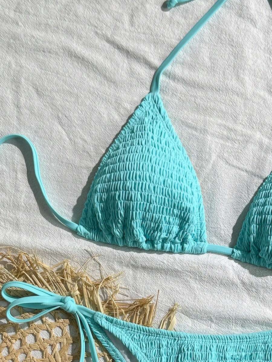 Swim Vcay Solid Color Texture Split Bikini Set, Vacation Beach For Summer