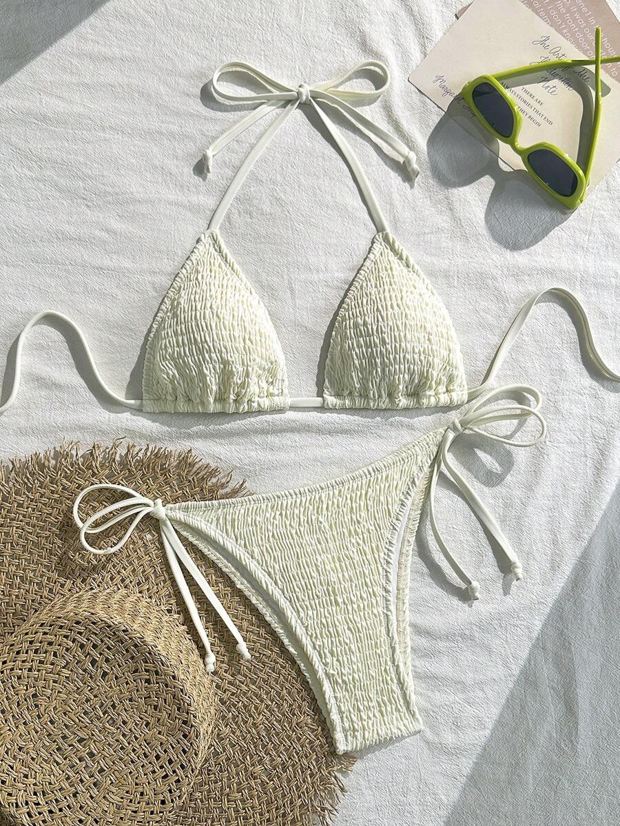Swim Vcay Solid Color Texture Split Bikini Set, Vacation Beach For Summer