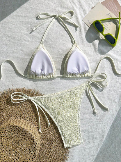 Swim Vcay Solid Color Halter Twist Bikini Two Pieces Swimwear, Suitable For Summer