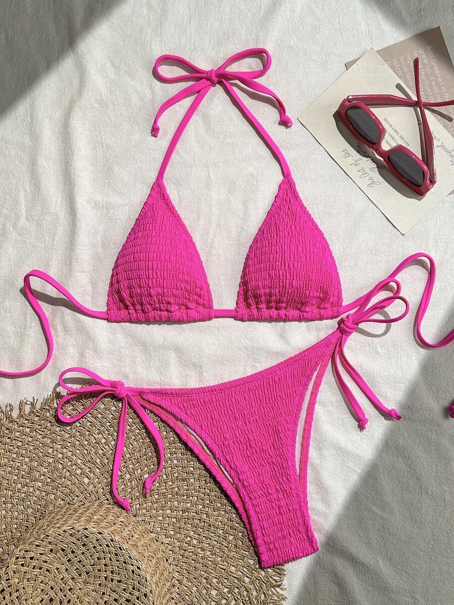 Swim Basics Women's Solid Color Halter Neck Sexy Bikini Set Bathing Suit For Summer Beach