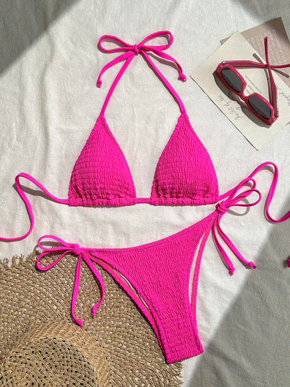 Swim Basics Women's Solid Color Halter Neck Sexy Bikini Set Bathing Suit For Summer Beach