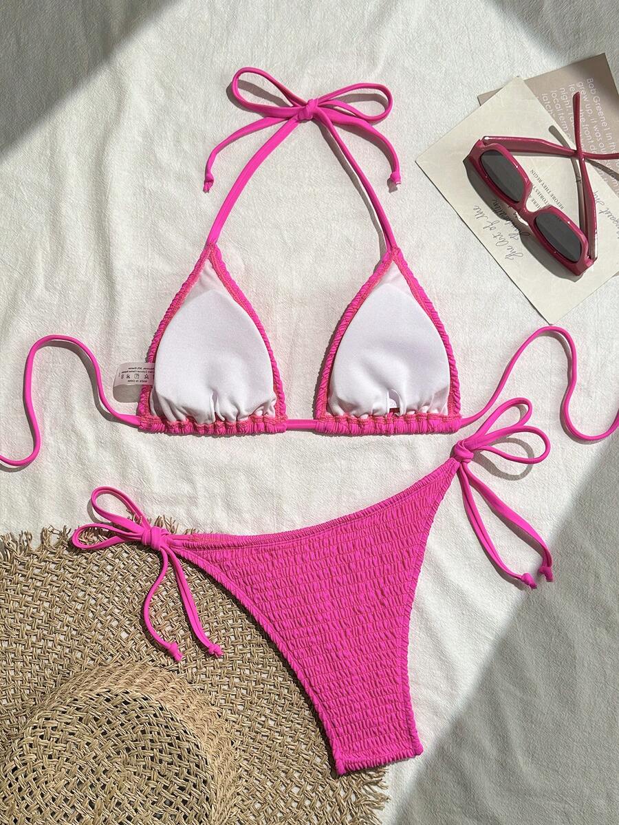Swim Vcay Solid Color Halter Twist Bikini Two Pieces Swimwear, Suitable For Summer