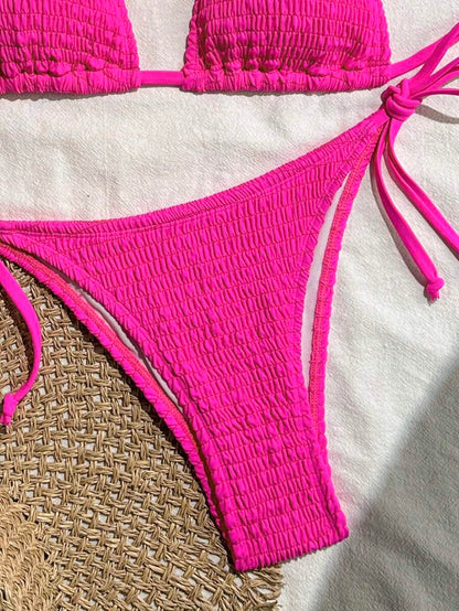 Swim Vcay Solid Color Texture Split Bikini Set, Vacation Beach For Summer