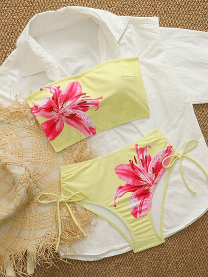 Women's 2-Piece Bandeau Bikini Set - High Waist Shorts, Tropical Floral, Multicolor