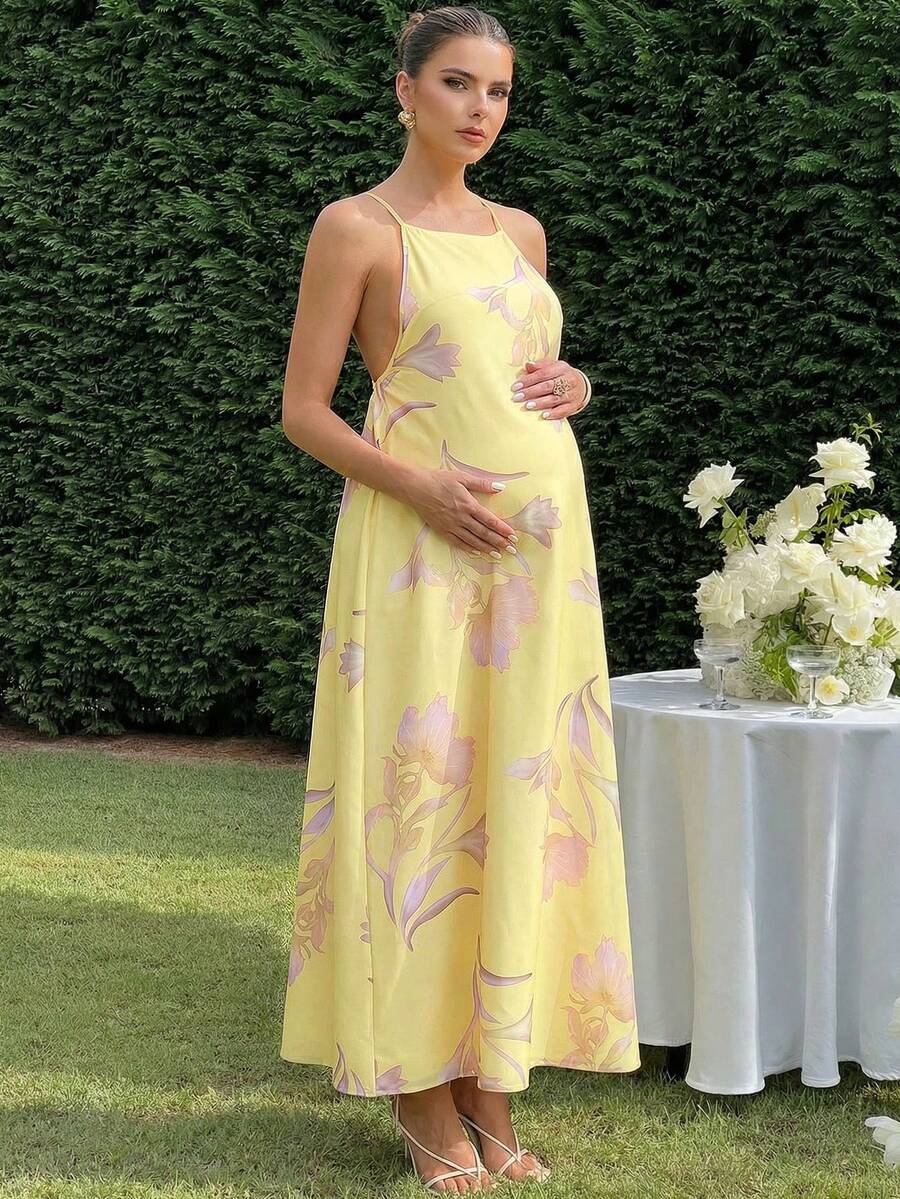 Floral Print Backless Halter Dress For Pregnant Women Summer Outfits Pregnancy Photoshoot Wedding Guest Elegant Dresses Yellow