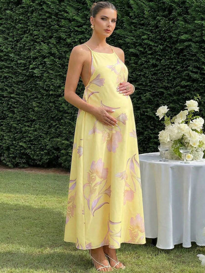 Floral Print Backless Halter Dress For Pregnant Women Summer Outfits Pregnancy Photoshoot Wedding Guest Elegant Dresses Yellow