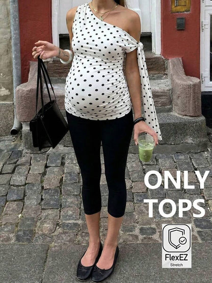 Polka Dot Maternity Twist Front Asymmetric Neck T-Shirt - Sleeveless Lace Up Split Sleeve Stylish Holiday Top