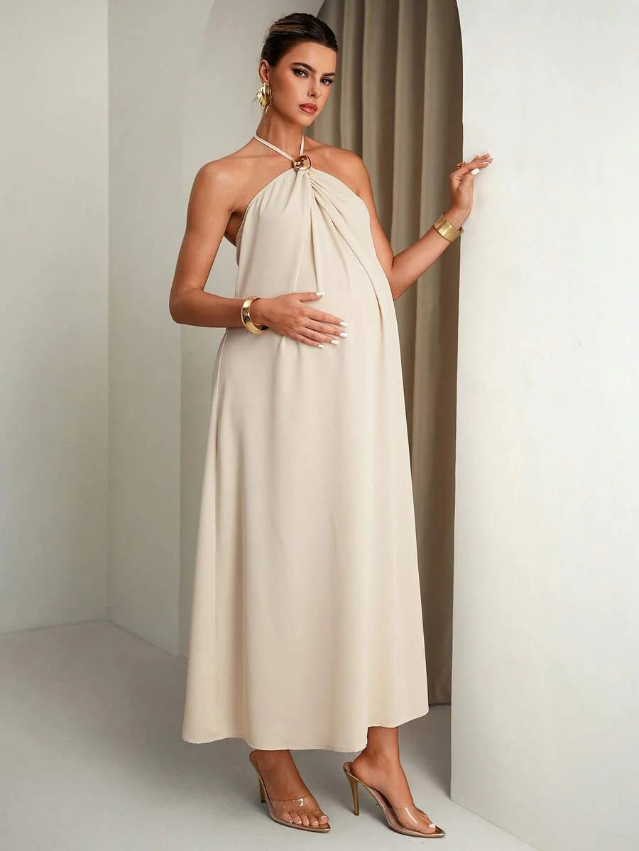 Maternity Clothes Dress Summer Pregnant Apricot-Colored With Halter Neck And Metal Buckle;Comfortable Elegant Backless