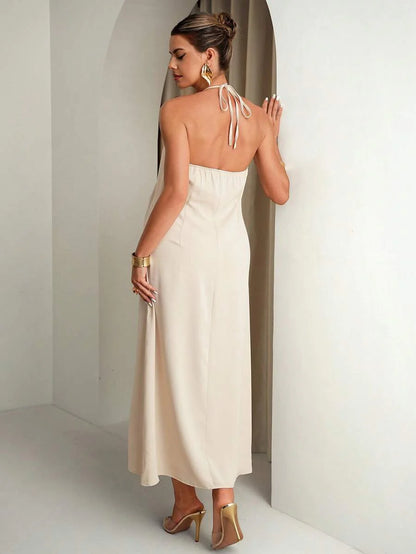 Maternity Clothes Dress Summer Pregnant Apricot-Colored With Halter Neck And Metal Buckle;Comfortable Elegant Backless