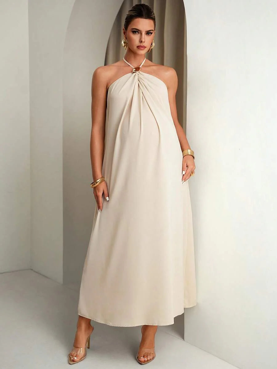 Maternity Clothes Dress Summer Pregnant Apricot-Colored With Halter Neck And Metal Buckle;Comfortable Elegant Backless