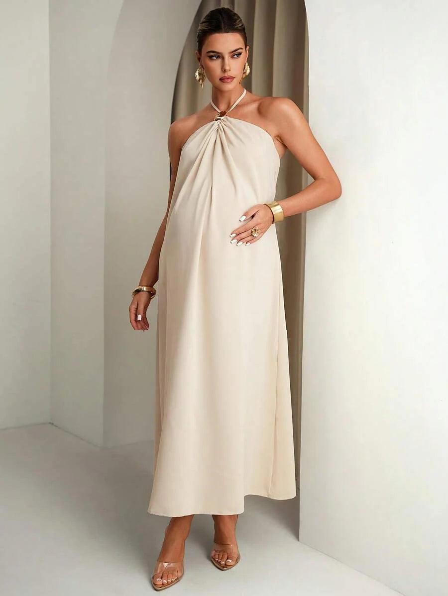 Maternity Clothes Dress Summer Pregnant Apricot-Colored With Halter Neck And Metal Buckle;Comfortable Elegant Backless