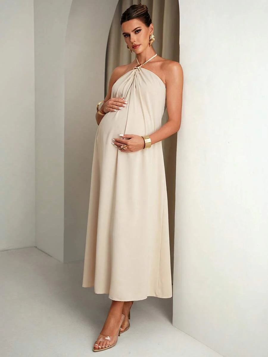 Maternity Clothes Dress Summer Pregnant Apricot-Colored With Halter Neck And Metal Buckle;Comfortable Elegant Backless
