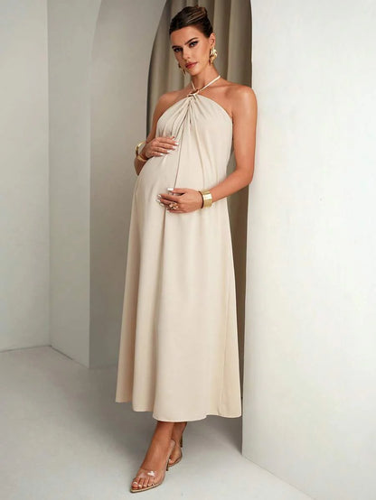 Maternity Clothes Dress Summer Pregnant Apricot-Colored With Halter Neck And Metal Buckle;Comfortable Elegant Backless