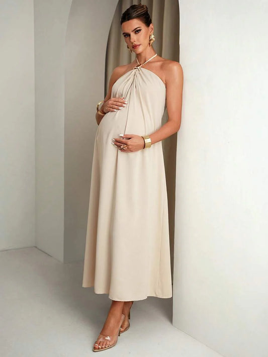 Maternity Clothes Dress Summer Pregnant Apricot-Colored With Halter Neck And Metal Buckle;Comfortable Elegant Backless