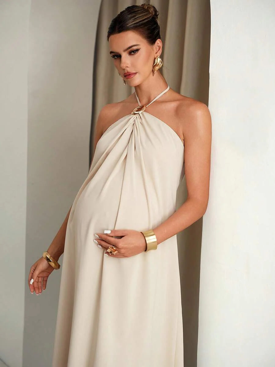 Maternity Clothes Dress Summer Pregnant Apricot-Colored With Halter Neck And Metal Buckle;Comfortable Elegant Backless