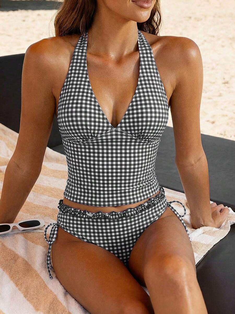 Women's 2-Piece Polka Dot Bikini Set - Ruffle Trim, Halter, Cropped Top, Black