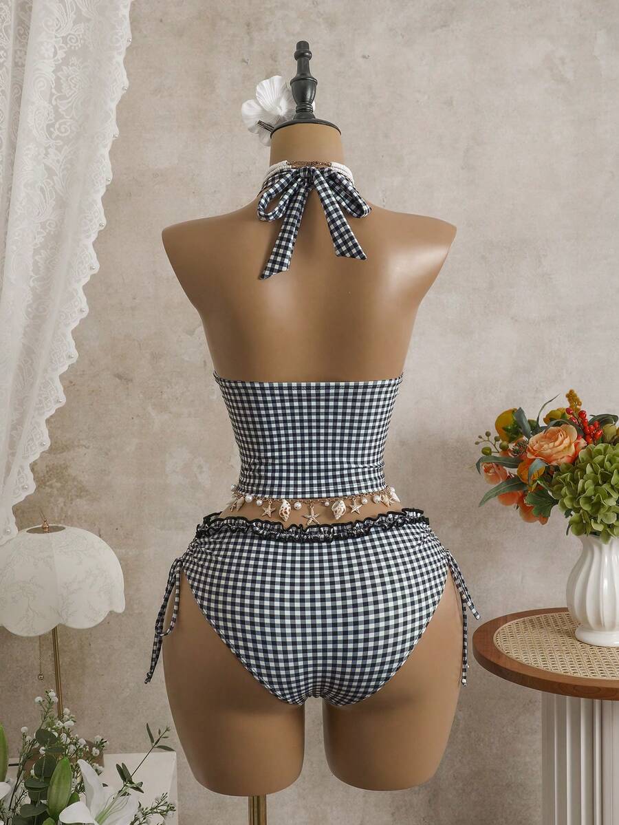 Women's 2-Piece Polka Dot Bikini Set - Ruffle Trim, Halter, Cropped Top, Black