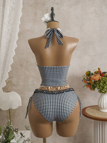 Women's 2-Piece Polka Dot Bikini Set - Ruffle Trim, Halter, Cropped Top, Black
