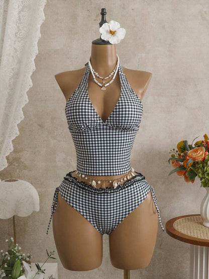Women's 2-Piece Polka Dot Bikini Set - Ruffle Trim, Halter, Cropped Top, Black