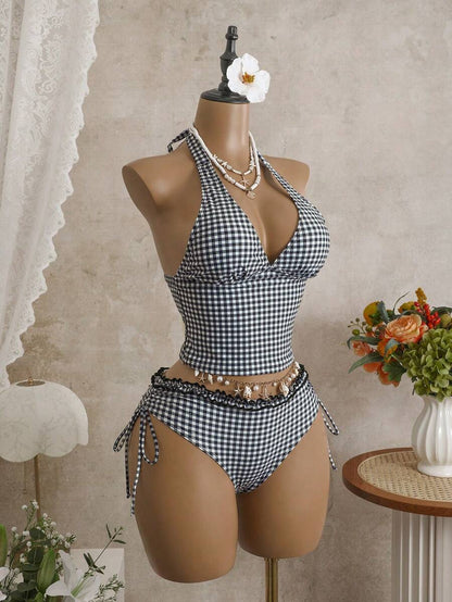 Women's 2-Piece Polka Dot Bikini Set - Ruffle Trim, Halter, Cropped Top, Black