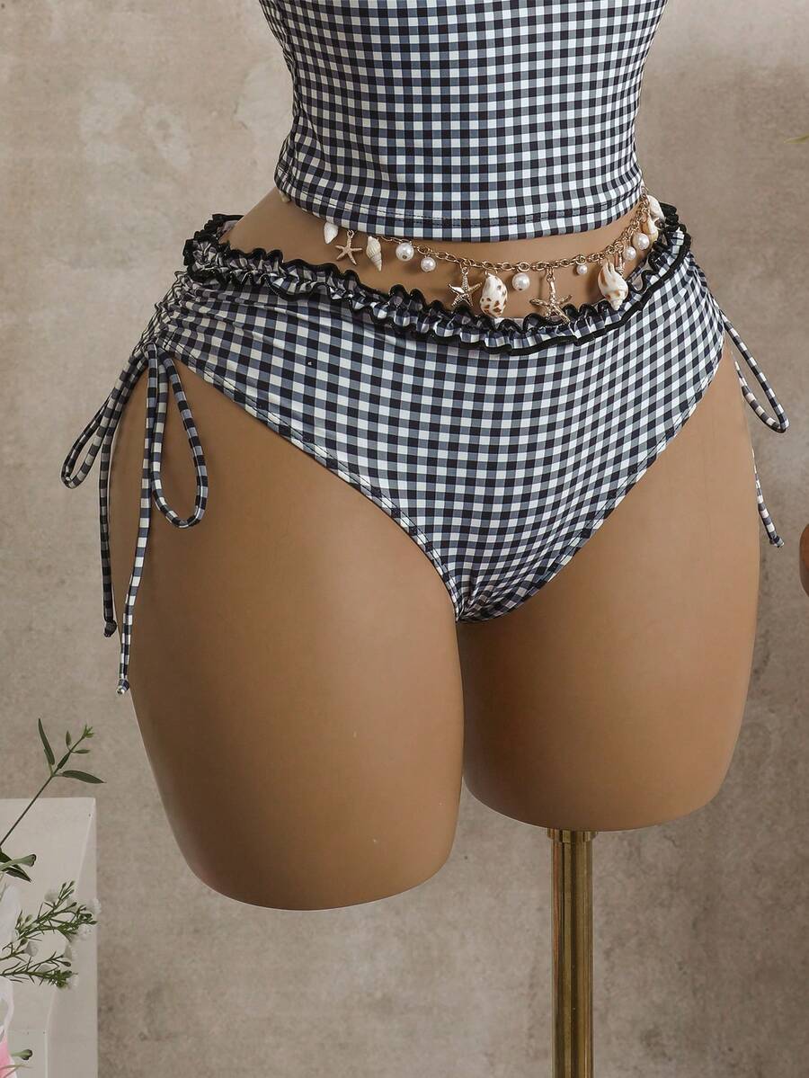 Women's 2-Piece Polka Dot Bikini Set - Ruffle Trim, Halter, Cropped Top, Black