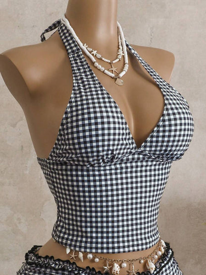 Women's 2-Piece Polka Dot Bikini Set - Ruffle Trim, Halter, Cropped Top, Black