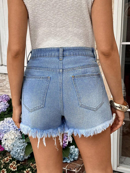 Black Maternity Denim Shorts with Frayed Hem – Casual High-Waisted Mini Shorts with Belt Loops & Zipper Fly – 67% Cotton Summer Essential