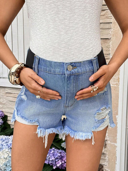 Black Maternity Denim Shorts with Frayed Hem – Casual High-Waisted Mini Shorts with Belt Loops & Zipper Fly – 67% Cotton Summer Essential