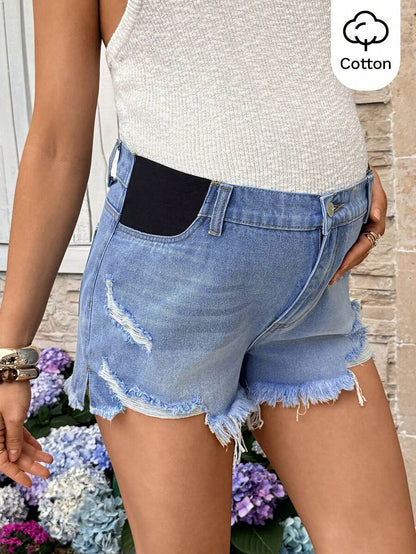 Black Maternity Denim Shorts with Frayed Hem – Casual High-Waisted Mini Shorts with Belt Loops & Zipper Fly – 67% Cotton Summer Essential