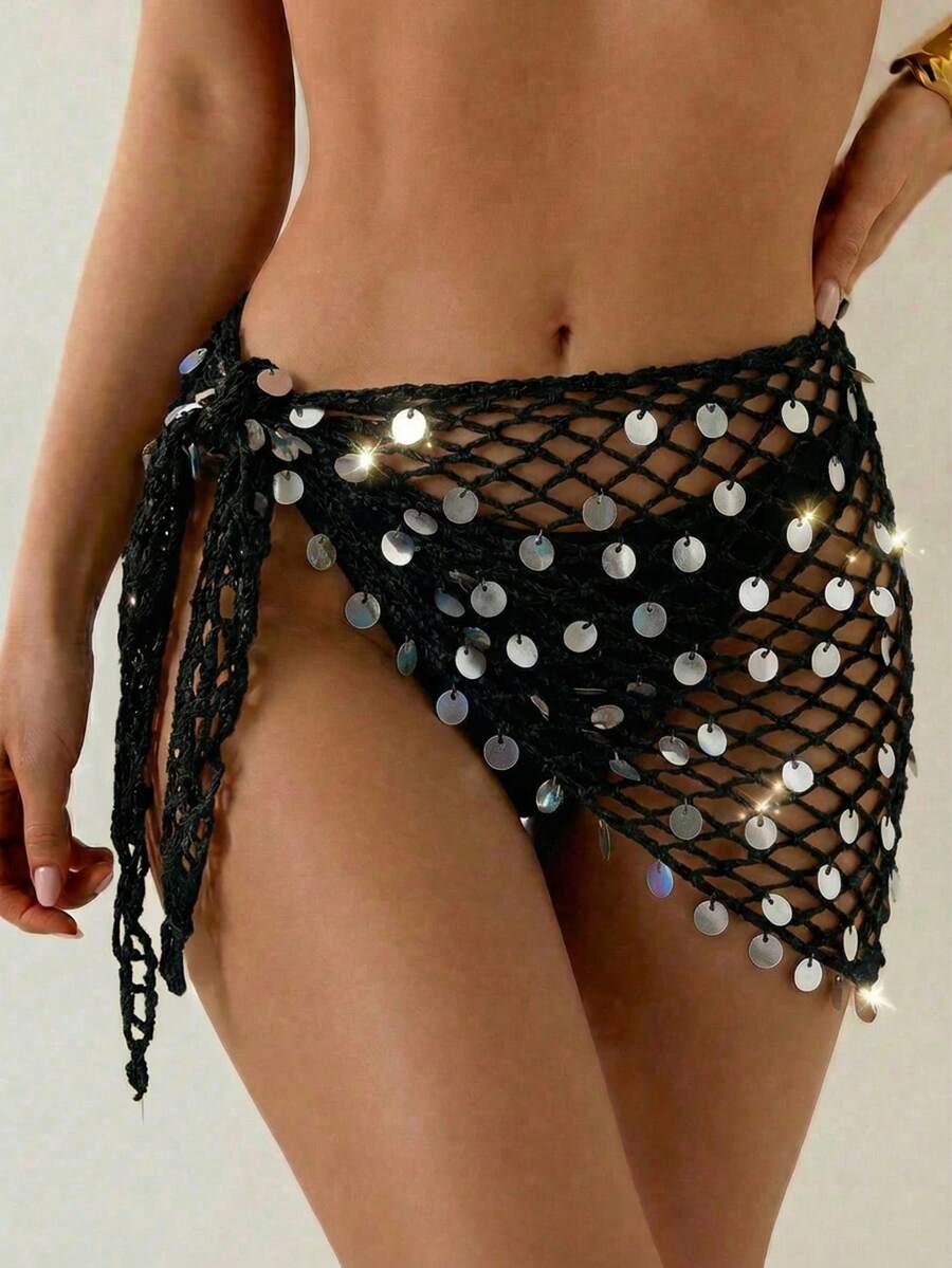 Swim Vcay Women's Crochet Sequin Laser Sheer Sarong Skirt, Suitable For Beach Holiday, Resort, Party, Music Festival Holiday Gold Summer