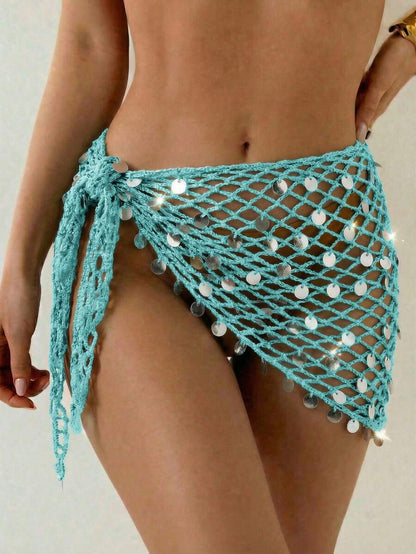 Swim Vcay Women's Crochet Sequin Laser Sheer Sarong Skirt, Suitable For Beach Holiday, Resort, Party, Music Festival Holiday Gold Summer