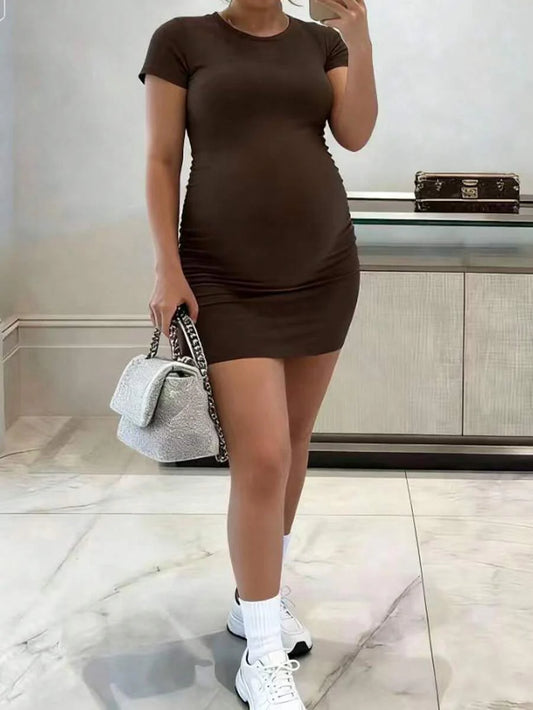 Brown Colorblock Rib-Knit Maternity Tunic Dress - Slim Fit Short Sleeve Round Neck Casual Sporty Summer Maternity Mini Dress