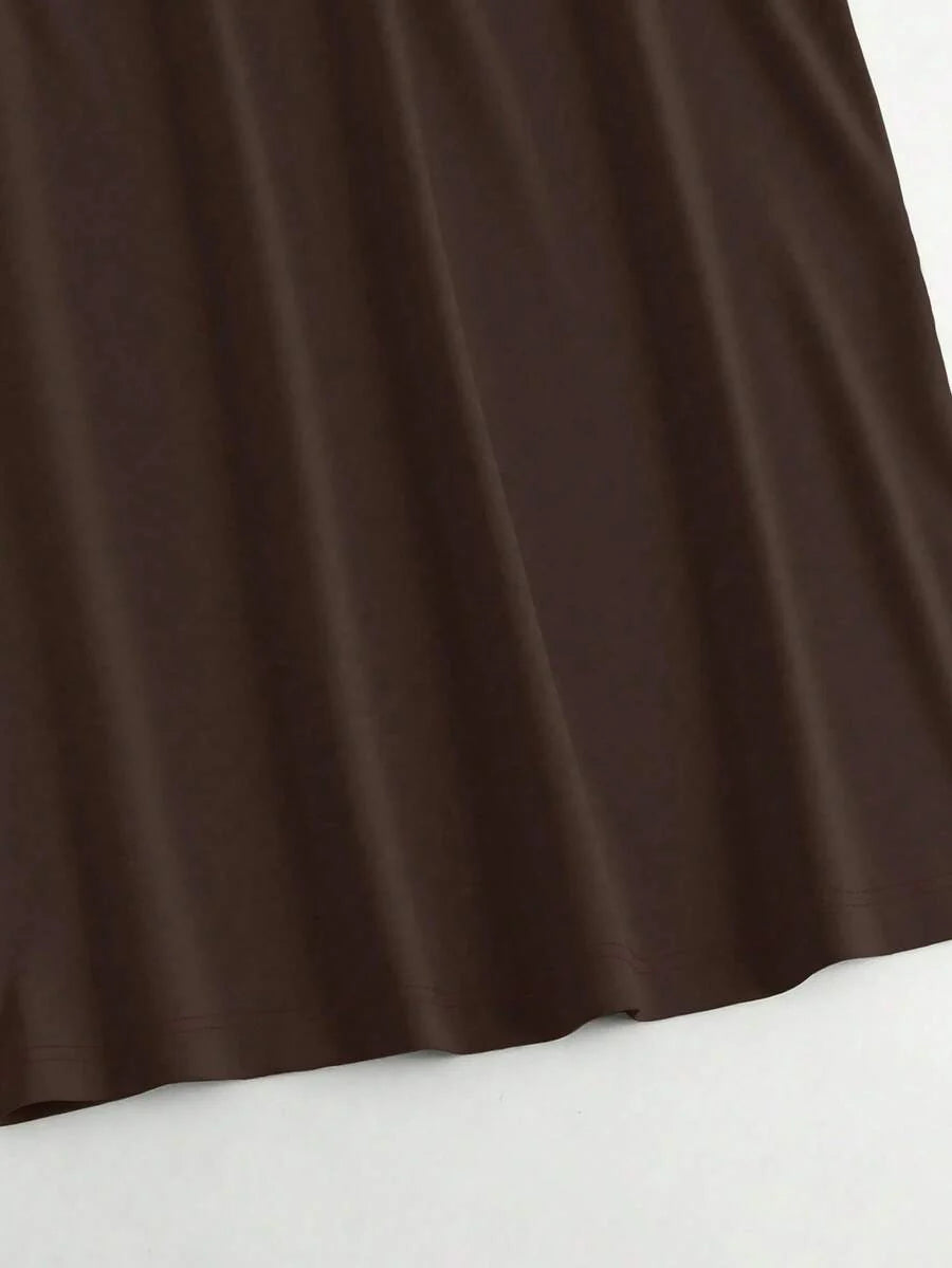 Brown Colorblock Rib-Knit Maternity Tunic Dress - Slim Fit Short Sleeve Round Neck Casual Sporty Summer Maternity Mini Dress