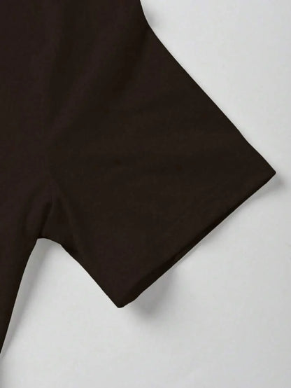 Brown Colorblock Rib-Knit Maternity Tunic Dress - Slim Fit Short Sleeve Round Neck Casual Sporty Summer Maternity Mini Dress