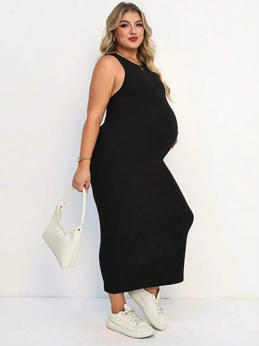 Plus Size Maternity Fitted Midi Dress - Round Neck, Sleeveless, Padded, Slim Fit, Black