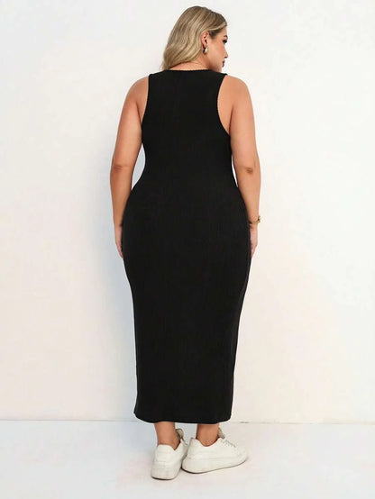 Plus Size Maternity Fitted Midi Dress - Round Neck, Sleeveless, Padded, Slim Fit, Black