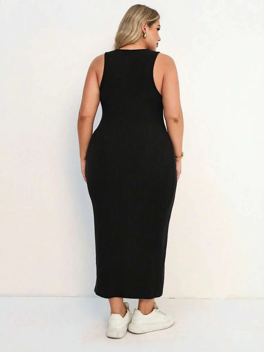 Plus Size Maternity Fitted Midi Dress - Round Neck, Sleeveless, Padded, Slim Fit, Black