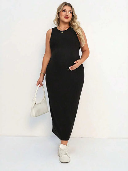 Plus Size Maternity Fitted Midi Dress - Round Neck, Sleeveless, Padded, Slim Fit, Black