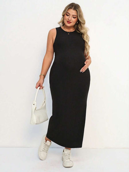 Plus Size Maternity Fitted Midi Dress - Round Neck, Sleeveless, Padded, Slim Fit, Black