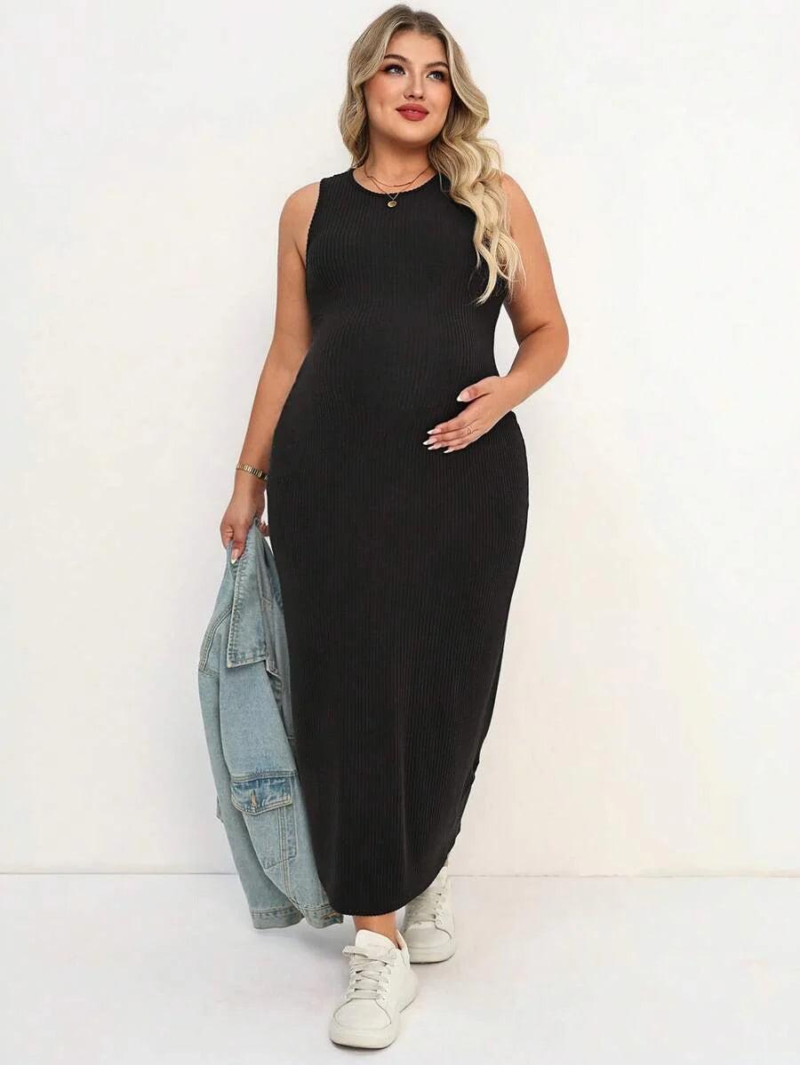 Plus Size Maternity Fitted Midi Dress - Round Neck, Sleeveless, Padded, Slim Fit, Black