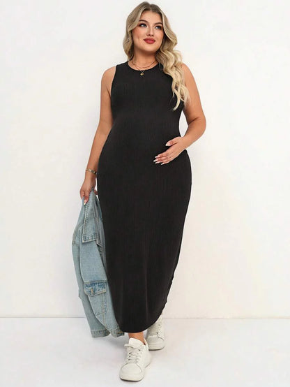 Plus Size Maternity Fitted Midi Dress - Round Neck, Sleeveless, Padded, Slim Fit, Black
