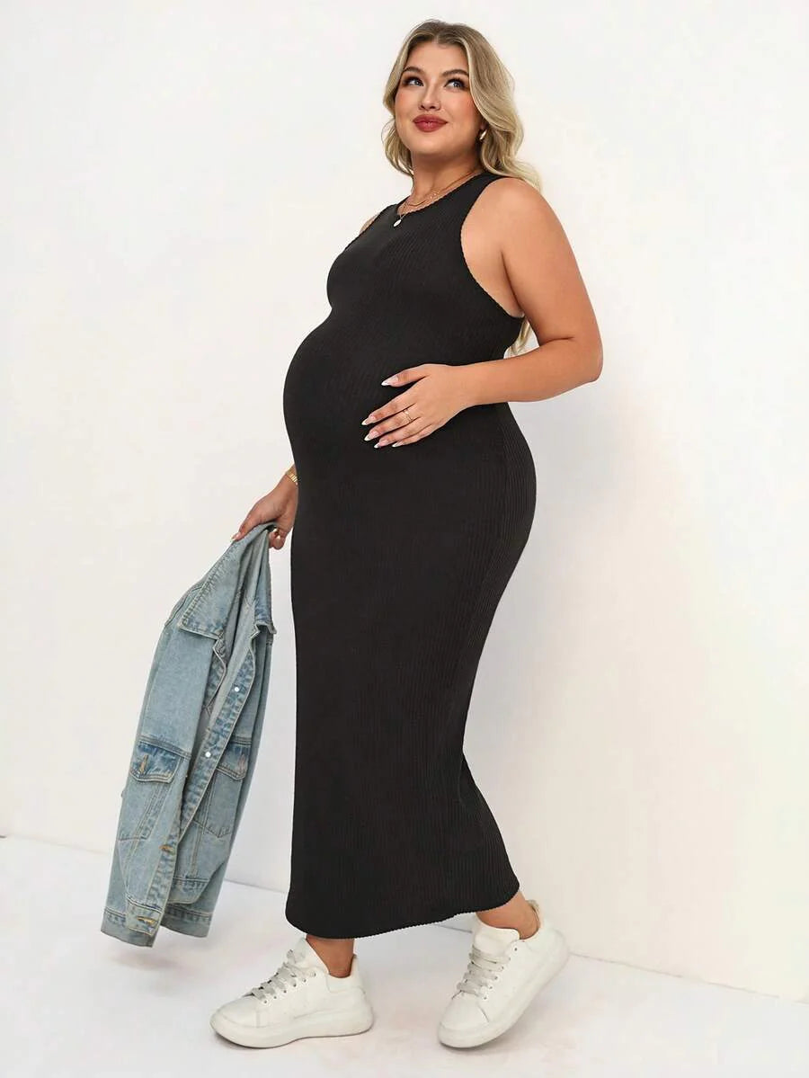 Plus Size Maternity Fitted Midi Dress - Round Neck, Sleeveless, Padded, Slim Fit, Black