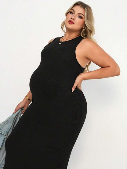 Plus Size Maternity Fitted Midi Dress - Round Neck, Sleeveless, Padded, Slim Fit, Black