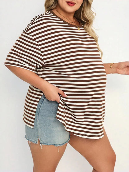 Plus Size Maternity Striped Top - Round Neck, Short Sleeve, Split Hem, Loose Fit, Long, Brown