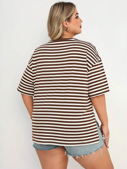 Plus Size Maternity Striped Top - Round Neck, Short Sleeve, Split Hem, Loose Fit, Long, Brown