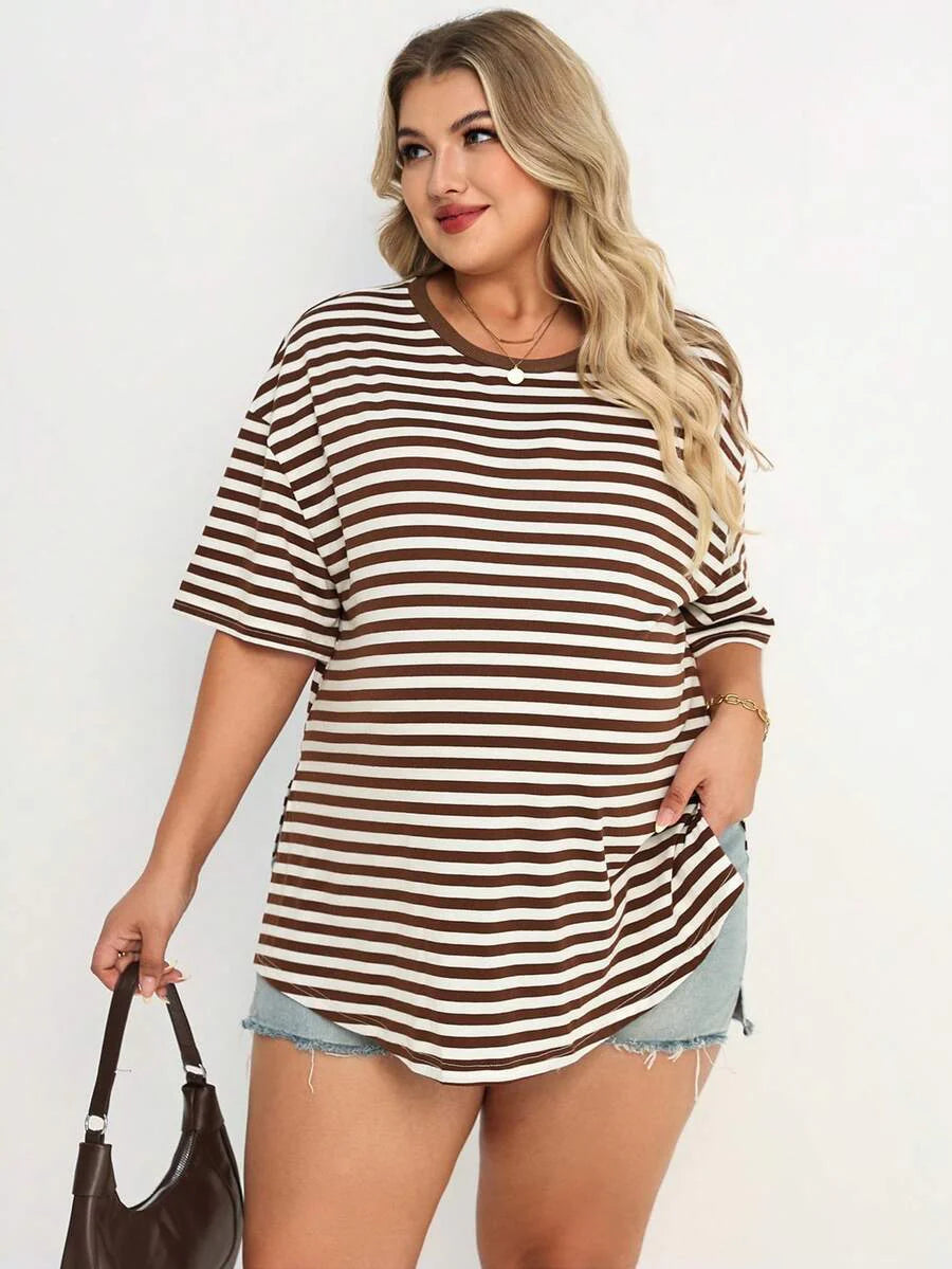 Plus Size Maternity Striped Top - Round Neck, Short Sleeve, Split Hem, Loose Fit, Long, Brown