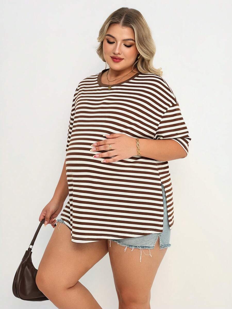 Plus Size Maternity Striped Top - Round Neck, Short Sleeve, Split Hem, Loose Fit, Long, Brown