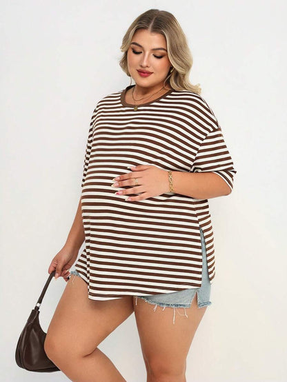 Plus Size Maternity Striped Top - Round Neck, Short Sleeve, Split Hem, Loose Fit, Long, Brown
